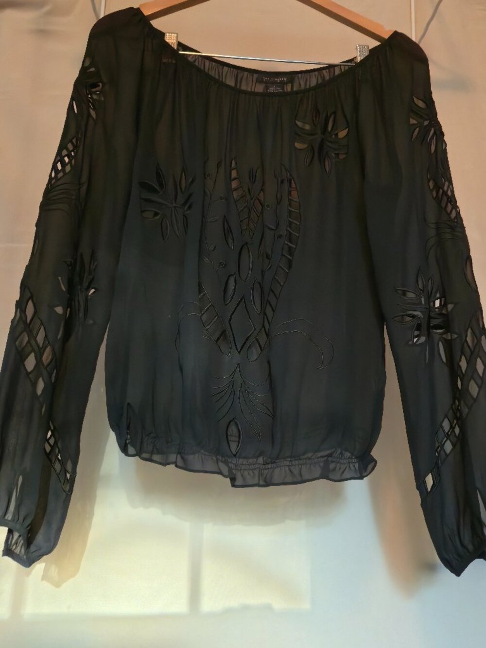 The Limited 100% Silk Black Embroidered Blouse Sheer with Cutouts size L Boho